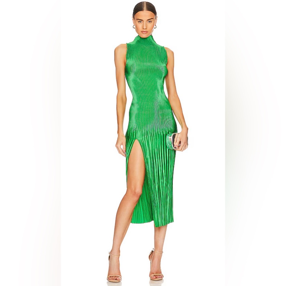 Sleeveless High-Neck Green Pleated Midi Dress with Side Slit
